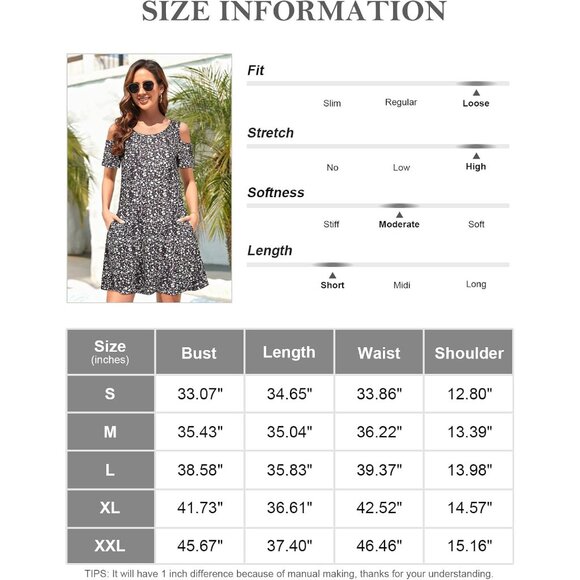 🆕Women Black Floral Cold Shoulder Dress Short Sleeve Sundress Pocket Polyester - Picture 5 of 5